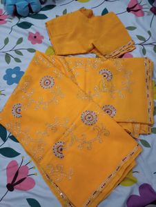 Yellow Hand Embroidered Saree with blouse