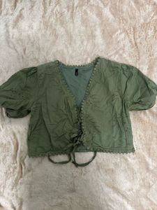 Olive Green Eyelet Lace-Up Crop Top