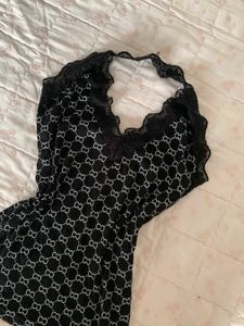 Black Lace Trim Print Halter Top