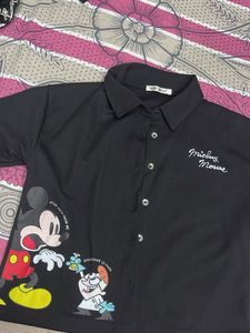 Black Mickey Mouse Graphic Collared Shirt