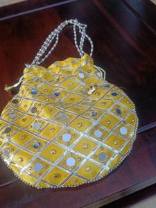 Yellow Beaded Mirror Embellished Potli Bag