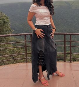 Distressed Denim Maxi Skirt