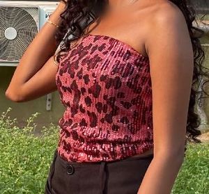 Red Leopard Print Sequin Strapless Corset Top