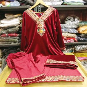 V Neck Embroidery Work Kurti Set