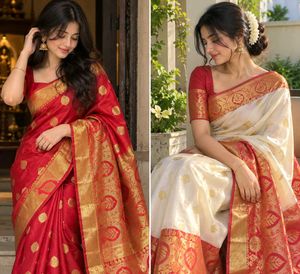 Elegant Red & Cream Silk Sarees ( Combo )