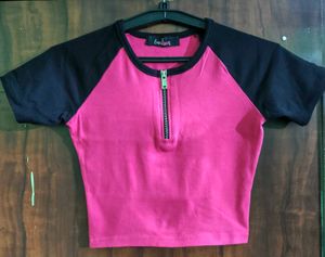Pink &amp; Black Zipper Crop Top