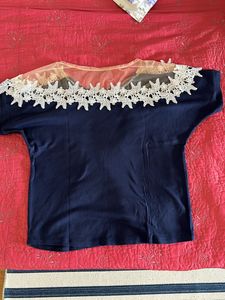Navy Tee with Lace Shoulders