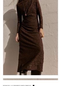 Zara celeb style Chic Brown Draped lace Midi Dress