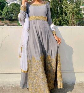 Grey Anarkali Gown with Golden Embroidery