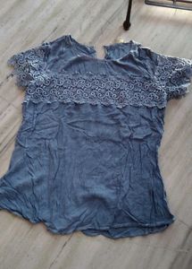 Blue Lace Trim Short Sleeve Top
