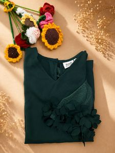 Elegant Green V-Neck Top with Floral Detail
