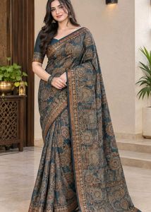 Elegant Teal Floral Print Saree