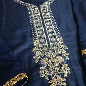 Navy Blue Kurti Set with Golden Embroidery