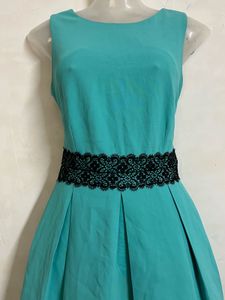 korean Teal Blue Fit &amp; Flare Dress with Black Lace