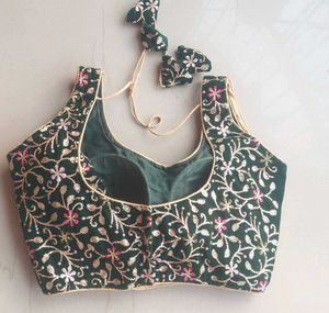 Dark Green Embroidered Velvet Blouse