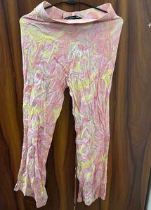 zara swirl marble satin flared trousers