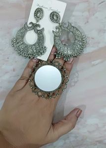 Oxidized Silver Jhumka Earrings &amp; Mirror Ring