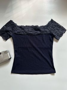 Navy Lace Trim Off-Shoulder Top