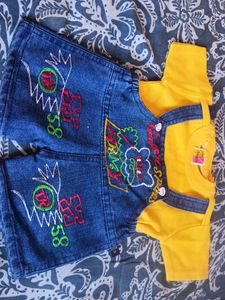 denim dungree set with bright yellow tshirt for babies ...soft fabric, unused for baby girl or boy