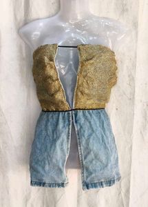 Unique Denim &amp; Burlap Strapless Top