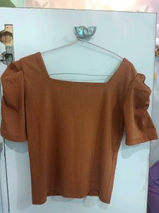 Rust Brown Ribbed Puff Sleeve Top for Women