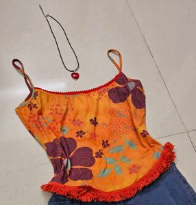 Vibrant Floral Cami Top with Necklace