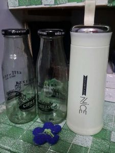 Set of 3 Glass Bottles &amp; Insulated Flask