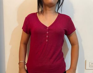 Maroon Henley V-Neck Top