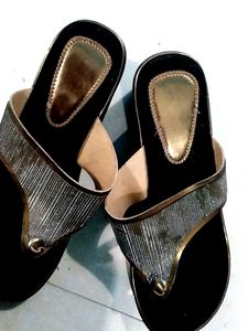Black Golden High Sole Heel Sandle