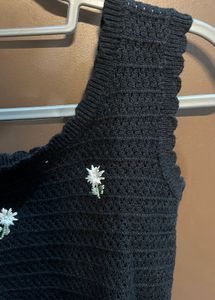 Black Cropped Crochet Top with Daisy Embroidery