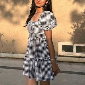 Blue Gingham Puff Sleeve Dress