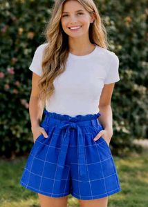 Blue Plaid High-Waisted Shorts