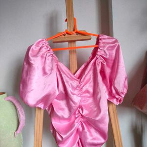 Pink Ruched Satin Puff Sleeve Top