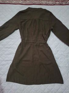Olive Green Button-Up Dress with Floral Embroidery