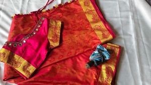 Vibrant Red Silk Saree with Gold Border