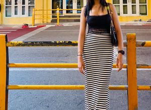 Black &amp; White Striped Midi Skirt