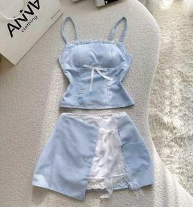y2k Cute Blue Striped Co-ord Set