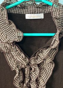 Brown Ruffle Neck Long Sleeve Top