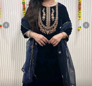 Elegant Navy Blue Velvet Kurta Set fix price
