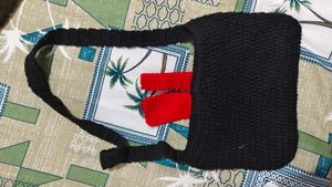 Handmade Crochet Black Crossbody Bag with Red Bow