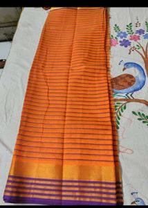 Vibrant Checked Orange Saree with blouse pc