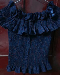 Smocked Off-Shoulder Navy Polka Dot Top