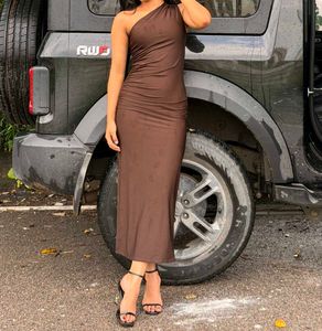 brown bodycon one shoulder dress