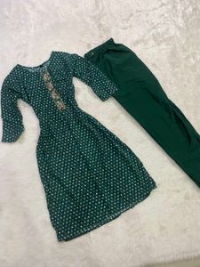 Dark Green Printed Kurti &amp; Pant Set