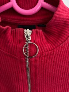 Red Ribbed Half-Zip Top
