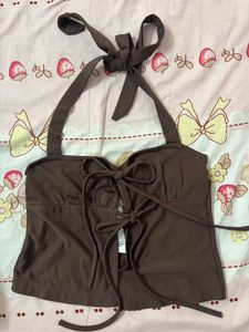 Brown Halterneck Tie-Front Top