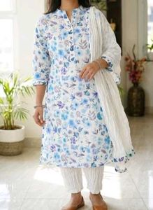 Blue Printed Kurta with pencil pant and dupatta