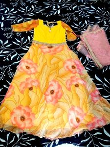 Yellow Floral Print Lehenga Choli Set