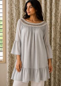 Long Grey Bell Sleeve Ruffled Tunic Top