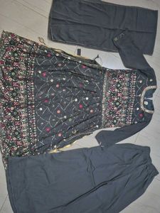 Dark Grey Designer Embroidered Kurta Set.
